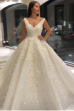 Vintage Long A-Line V-neck Appliques Lace Sequins Wedding Dress
