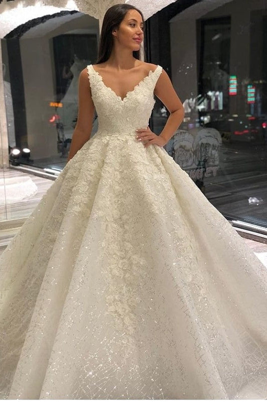 Robe de mariée vintage longue en dentelle à paillettes et col en V