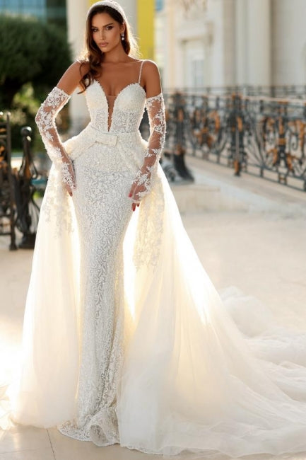 Vestido de noiva vintage longo marfim sereia alças finas decote em V renda com cauda removível