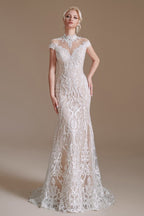 Vintage Long Mermaid High-neck Lace Wedding Dress with sleeves