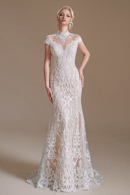 Langes Meerjungfrau-Brautkleid im Vintage-Stil mit hohem Halsausschnitt und Ärmeln