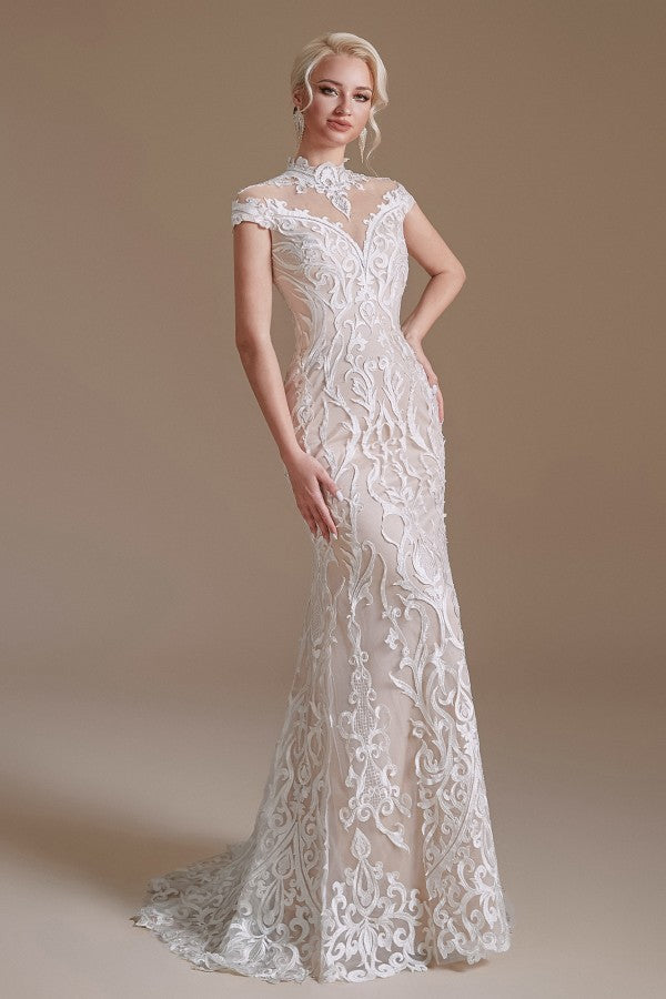 Vintage Long Mermaid High-neck Lace Wedding Dress with sleeves