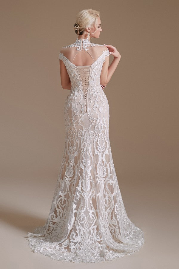 Vintage Long Mermaid High-neck Lace Wedding Dress with sleeves