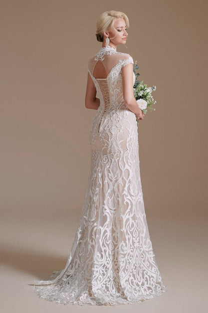 Langes Meerjungfrau-Brautkleid im Vintage-Stil mit hohem Halsausschnitt und Ärmeln