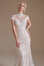 Vintage Long Mermaid High-neck Lace Wedding Dress with sleeves