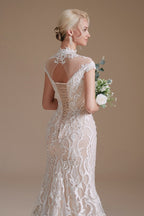 Vintage Long Mermaid High-neck Lace Wedding Dress with sleeves