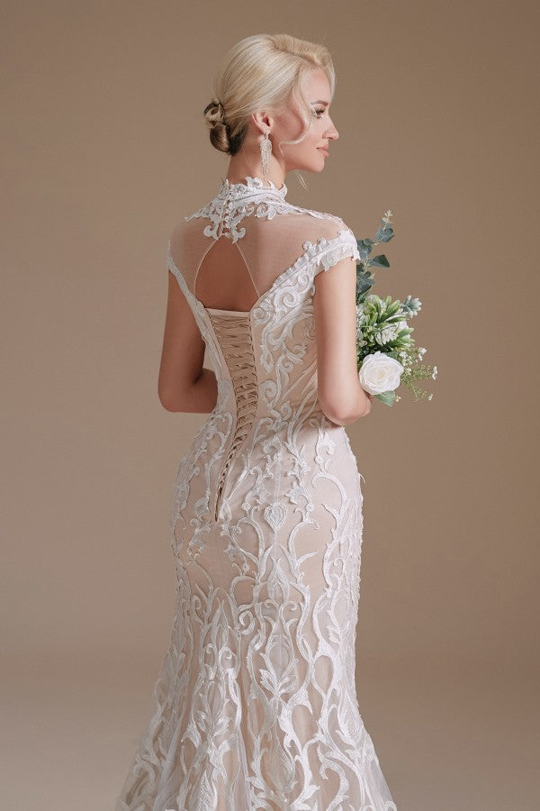 Vintage Long Mermaid High-neck Lace Wedding Dress with sleeves