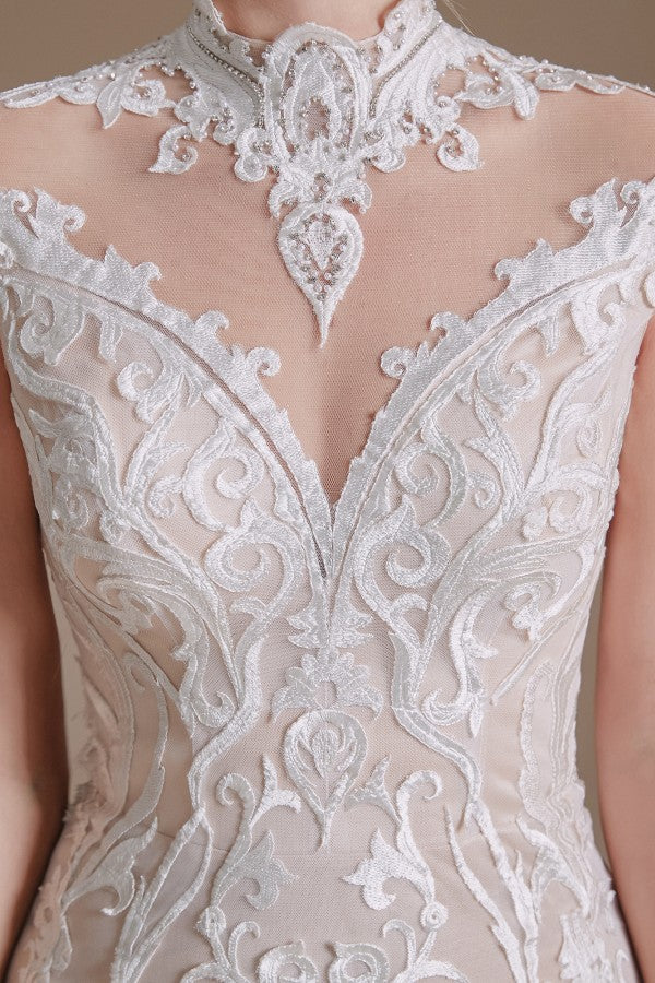 Vintage Long Mermaid High-neck Lace Wedding Dress with sleeves
