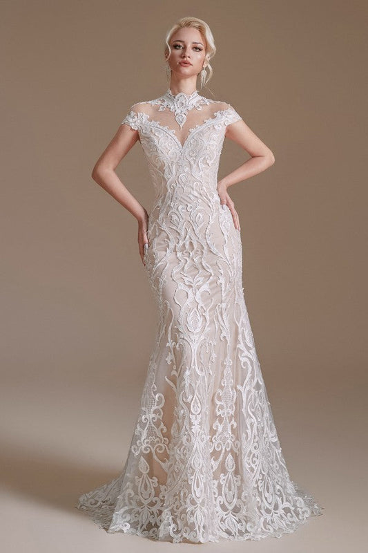 Vestido de noiva vintage longo sereia gola alta renda com mangas