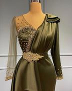 Vintage Long Mermaid V-neck Beading Satin Prom Dress with Sleeves