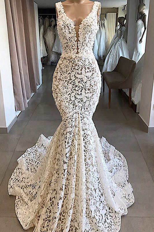 Vintage Longo Sereia V-neck Lace Backless Vestidos de Noiva