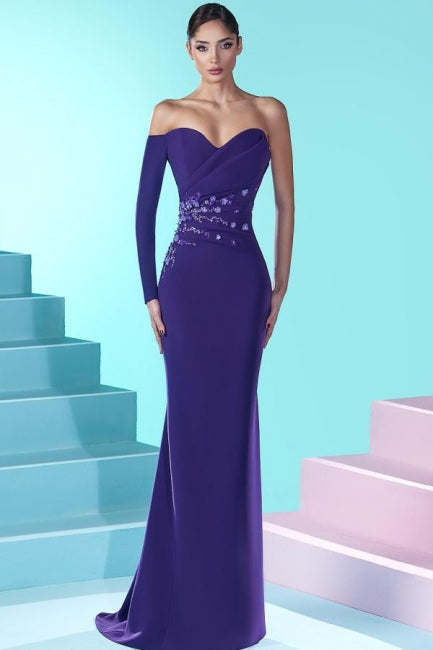 Vestido de fiesta vintage largo morado estilo sirena, de manga larga y con cuentas