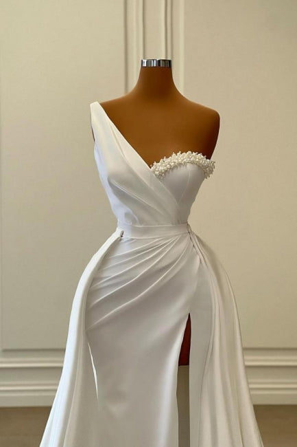 Vintage Long White One Shoulder Pearls Sleeveless Evening Dresses With Slit