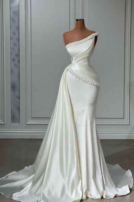 Robe de mariée blanche longue vintage sans manches à une épaule avec perles