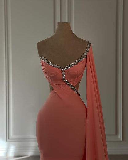 Vestidos de fiesta vintage de sirena de gasa con mangas cortas y escote redondo con diamantes de imitación