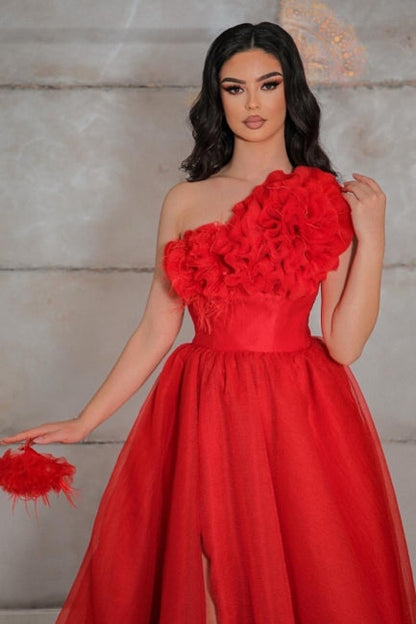 Patrón de vestido de noche vintage de tul con corte A, sin mangas y un solo hombro