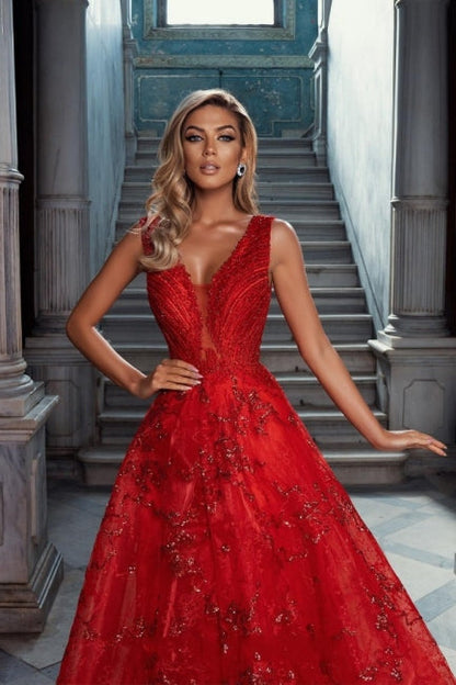 Vestidos de fiesta vintage de tul rojo con escote en V, sin mangas, corte A y apliques