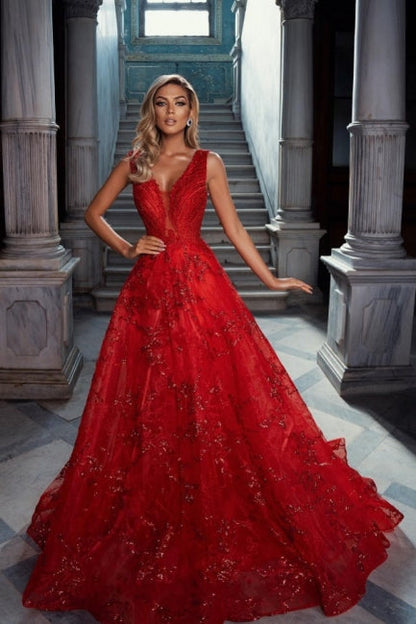 Vestidos de fiesta vintage de tul rojo con escote en V, sin mangas, corte A y apliques