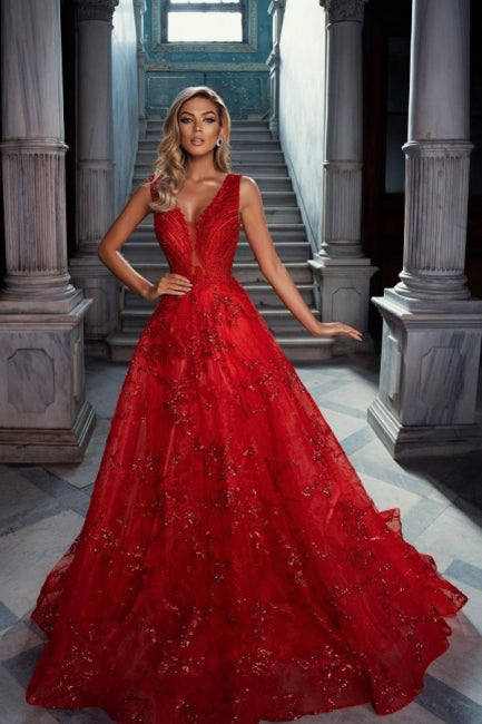 Vestidos de fiesta vintage de tul rojo con escote en V, sin mangas, corte A y apliques