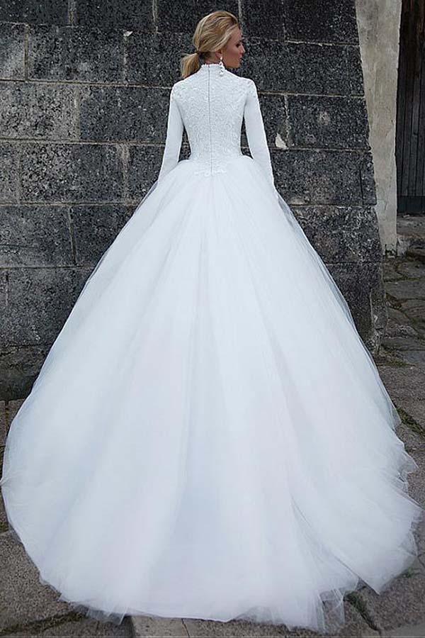 Vintage Satin High Collar Natural Waistline Ball Gown Wedding Dress