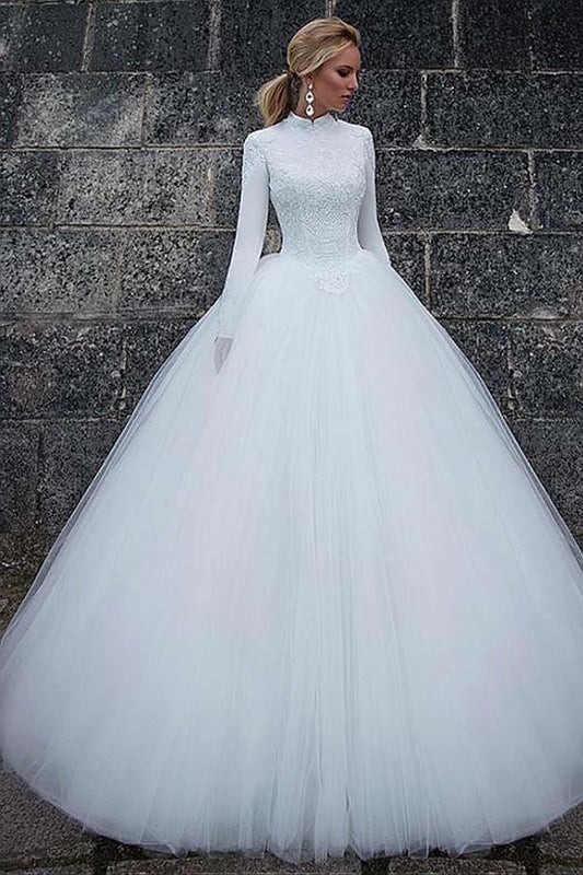 Vestido de noiva vintage de cetim com gola alta e cintura natural WD190
