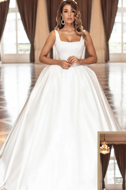 Robe de mariée trapèze en satin blanc simple et vintage sans manches