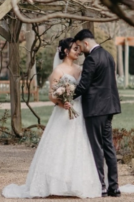 Vintage Spaghetti Strap Sleeveless A-Line Floor-Length Tulle Wedding Dresses with Beading