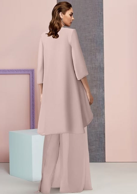 Vestido de Mãe Vintage Quadrado com Mangas 3/4 em Dois Peças de Chiffon