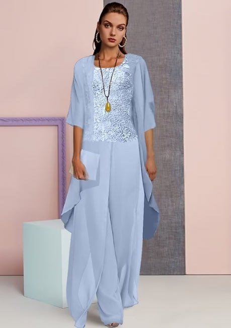 Vestido de Mãe Vintage Quadrado com Mangas 3/4 em Dois Peças de Chiffon