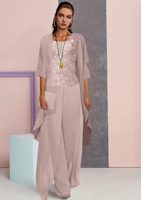 Vestido de Mãe Vintage Quadrado com Mangas 3/4 em Dois Peças de Chiffon