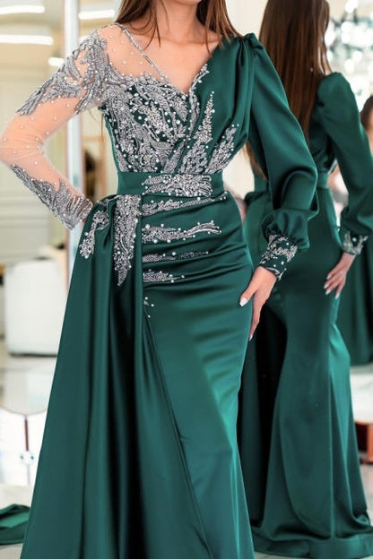 Vestidos de fiesta vintage de sirena con escote en V, mangas largas y volantes