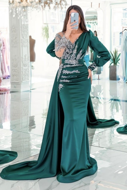 Vestidos de fiesta vintage de sirena con escote en V, mangas largas y volantes