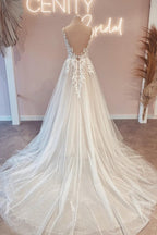 Vintage v-neck sleeveless a-line backless lace Wedding dresses