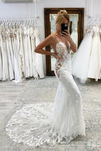 Vintage White Long Mermaid V-neck Lace Wedding Dresses