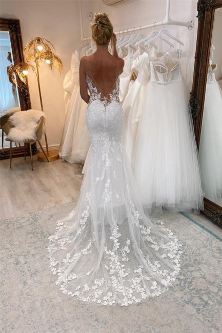 Vintage White Long Mermaid V-neck Lace Wedding Dresses