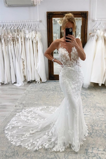Vestidos de noiva vintage brancos longos com decote em V e renda