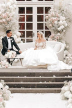 Vintage White Long Sleeve Ball Gown Satin Wedding Dresses With Lace