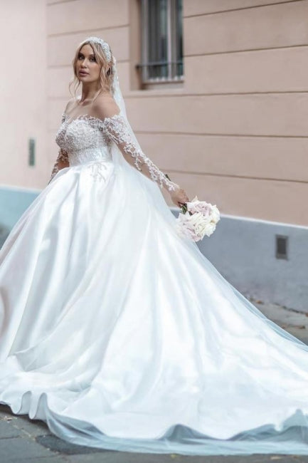 Vestido de baile de manga comprida branco vintage vestidos de noiva de cetim com renda