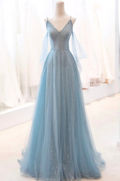Sparkly Tulle Long Prom Dress, A-Line Spaghetti Strap Evening Dress