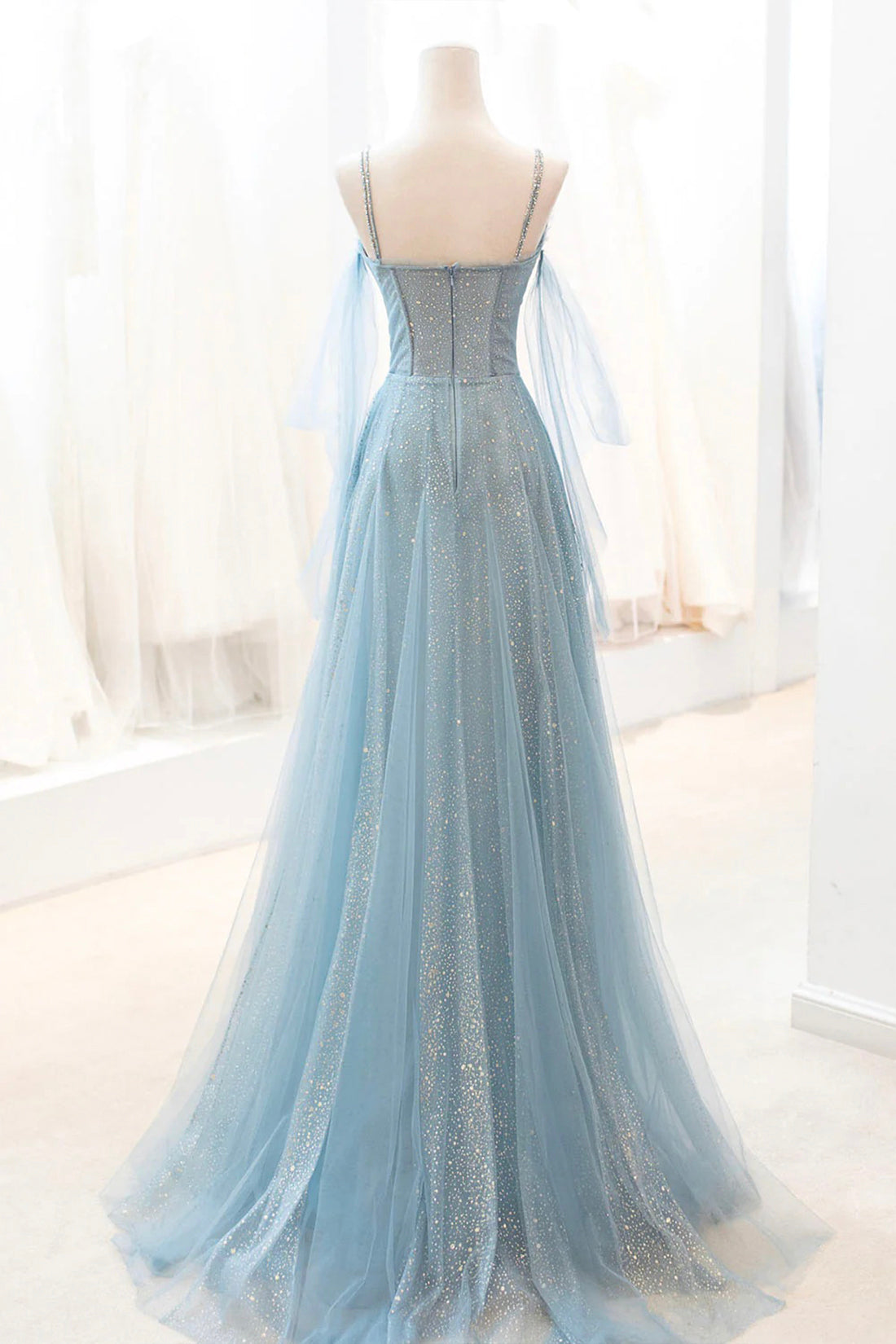 Sparkly Tulle Long Prom Dress, A-Line Spaghetti Strap Evening Dress
