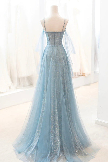 Sparkly Tulle Long Prom Dress, A-Line Spaghetti Strap Evening Dress