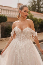 Vogue Ivory Off Shoulder Sleeveless A Line Wedding Dress With Appliques