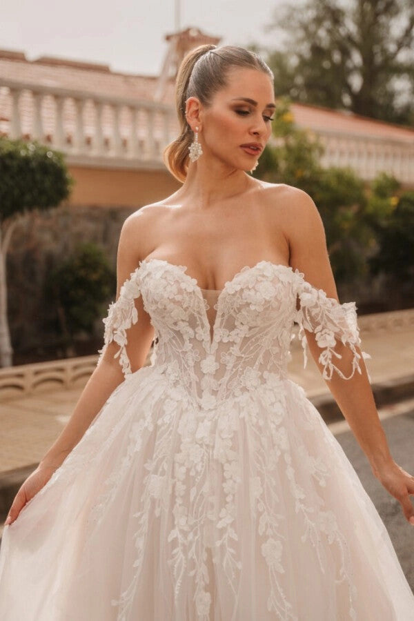 Vogue Ivory Off Shoulder Sleeveless A Line Wedding Dress With Appliques
