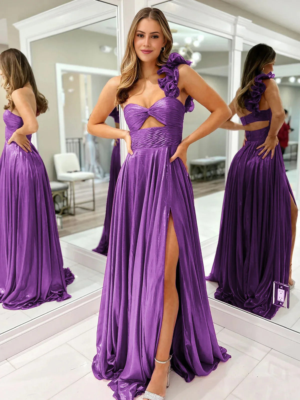 Robe de bal métallique plissée fuchsia en ligne A, à une épaule avec ouverture en forme de trou de serrure et fente