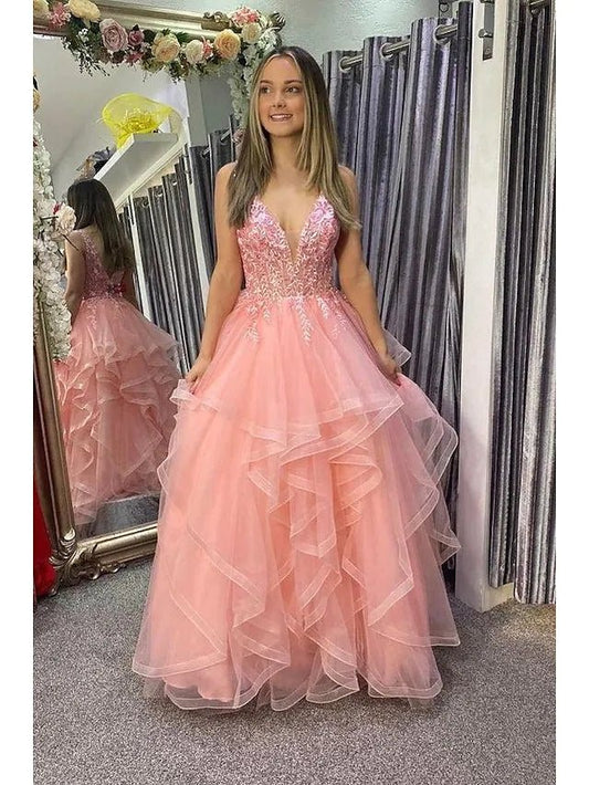 Vestidos de fiesta de corte A, estilo princesa, formales, largos hasta el suelo, sin mangas, cuello en V, tul, espalda descubierta, con pliegues y apliques