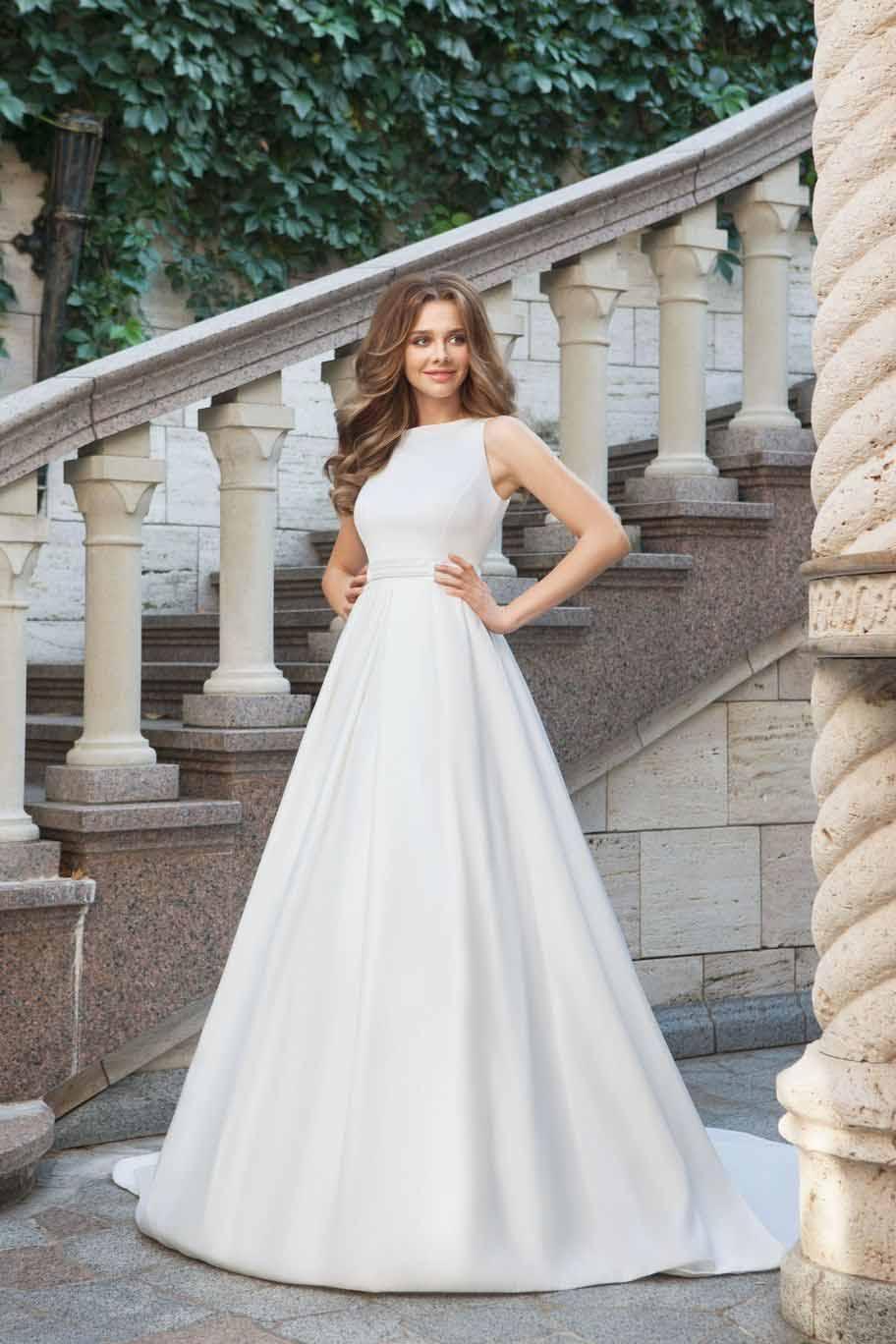 Wedding Dresses Scoop  A-line Long Train Simple Satin Bridal Gown