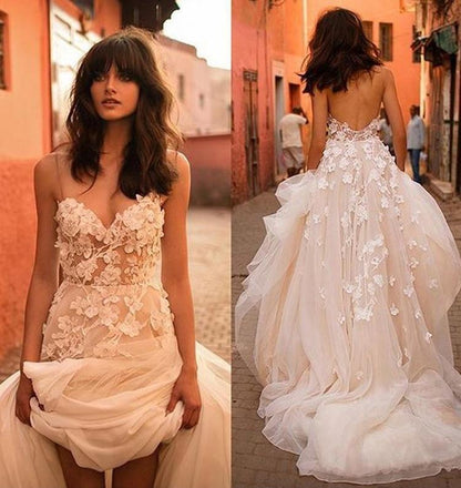 Wedding Dresses Straps A-line Backless Brush Train Tulle Long Bridal Gown