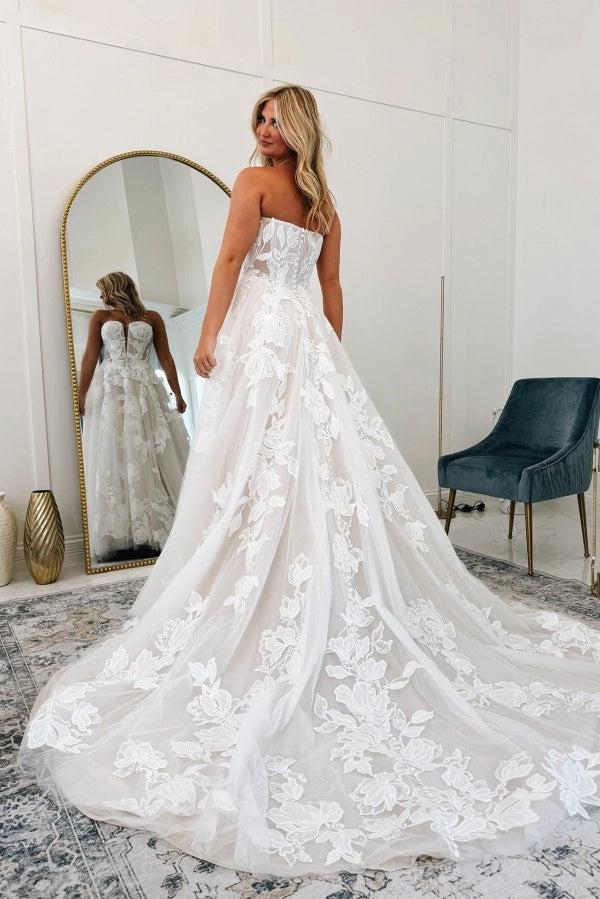 White 3D Floral Lace A-Line Strapless Wedding Dress Cathedral Train