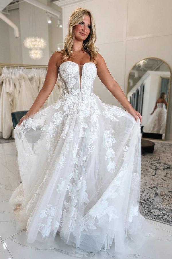 White 3D Floral Lace A-Line Strapless Wedding Dress Cathedral Train
