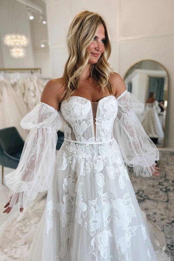 White 3D Floral Lace A-Line Strapless Wedding Dress Cathedral Train